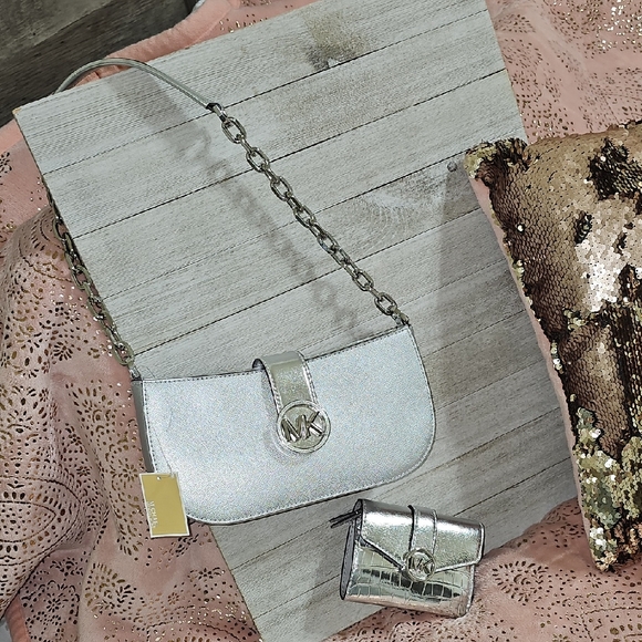 Michael Kors Shimmering Silver Shoulder Bag and Wallet - Picture 1 of 8